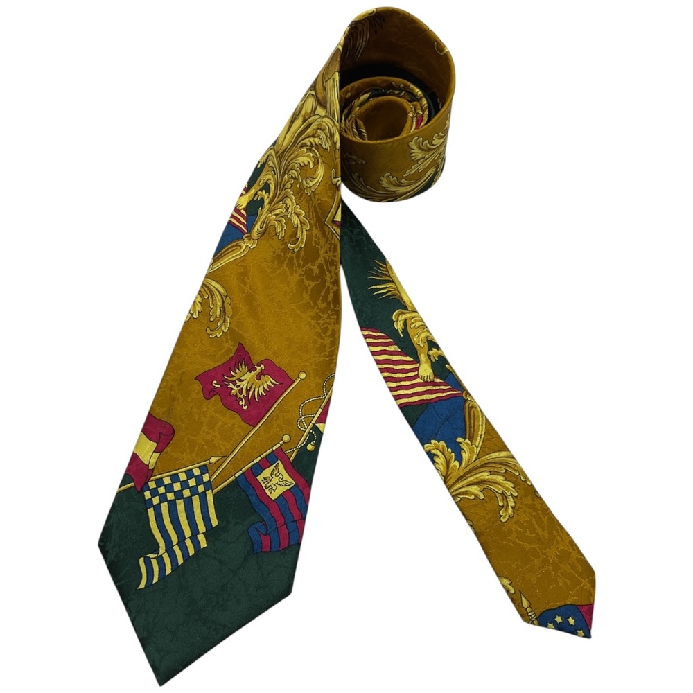 V2 BY VERSACE Beige/Green/Gold Baroque Eagle Flag Silk LUXURY Tie ITALY